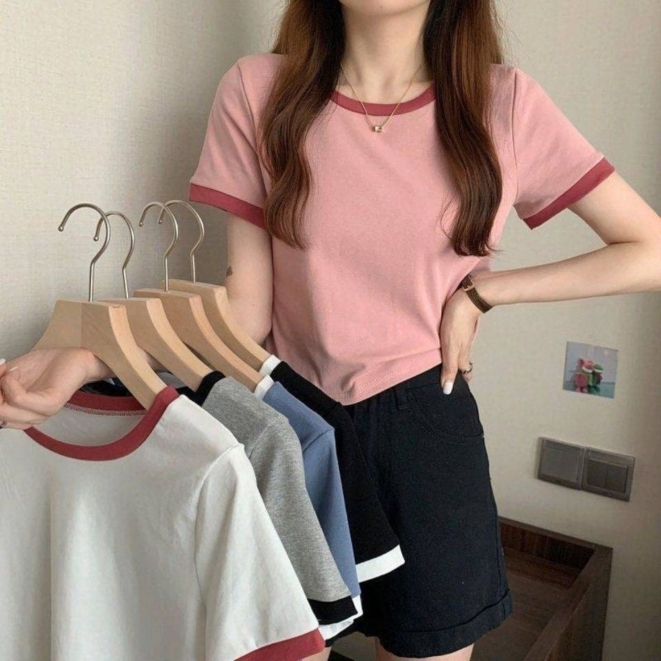 Women's Contrast Trim Slim Fit Crew Neck Short Sleeve T-Shirt