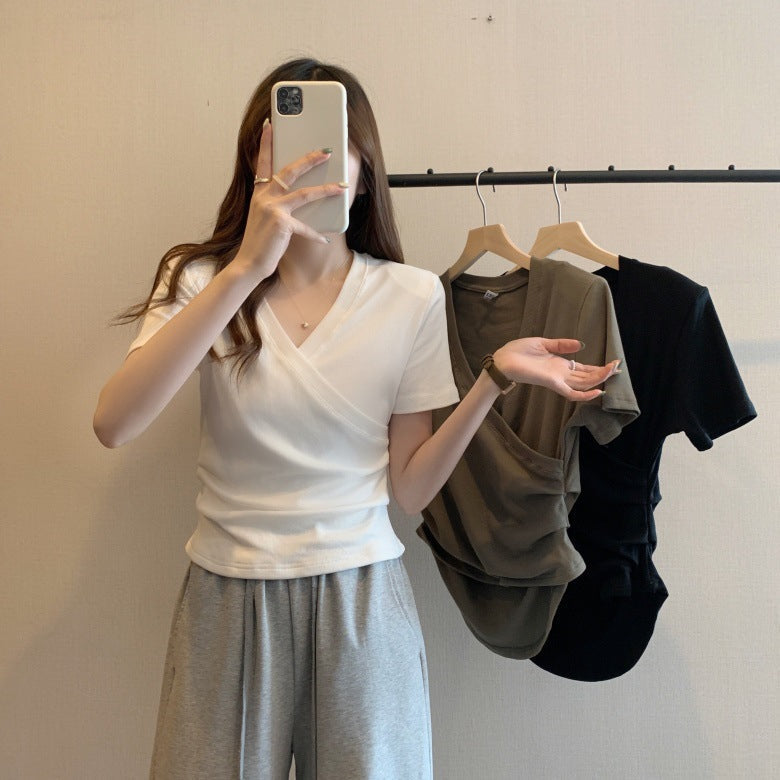 Women's Cross V-Neck Slim Fit Short Sleeve Knit T-Shirt