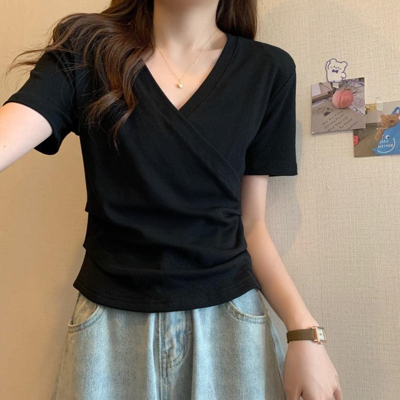 Women's Cross V-Neck Slim Fit Short Sleeve Knit T-Shirt