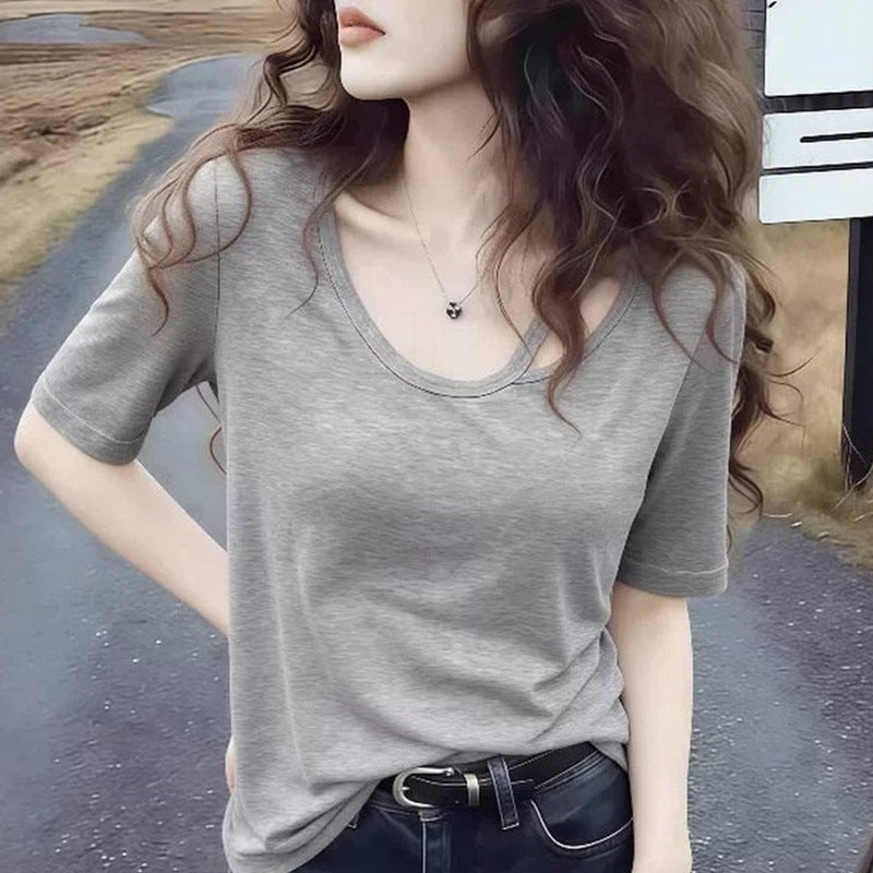 Women's Hollow Out Loose Fit U-Neck Short Sleeve T-Shirt
