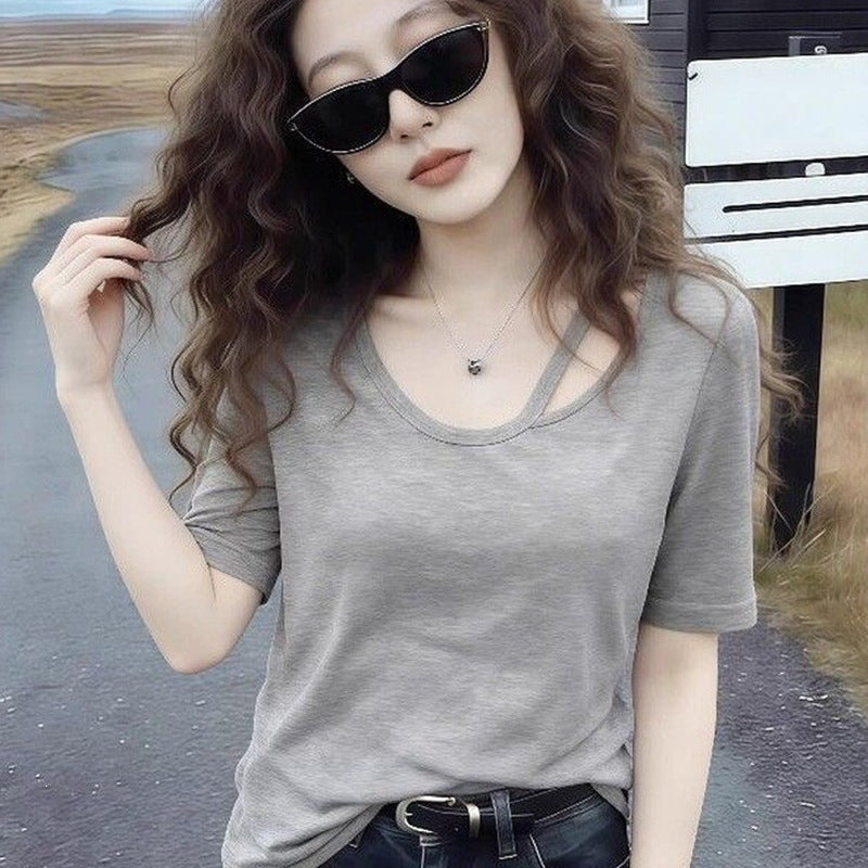 Women's Hollow Out Loose Fit U-Neck Short Sleeve T-Shirt