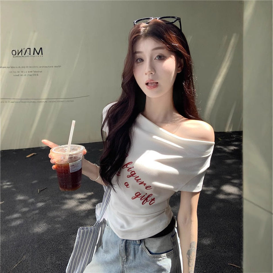 Women's Off Shoulder Letter Print Slim Fit Short Sleeve T-Shirt