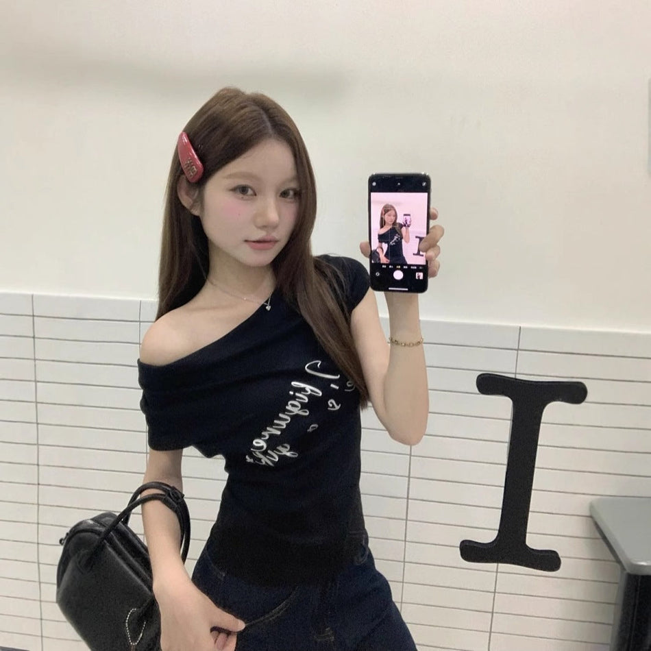 Women's Off Shoulder Letter Print Slim Fit Short Sleeve T-Shirt