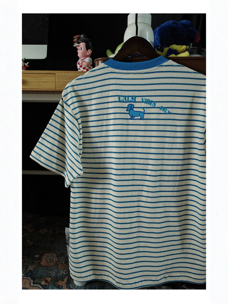 Women's Striped Dog Embroidered Loose Fit Short Sleeve T-Shirt
