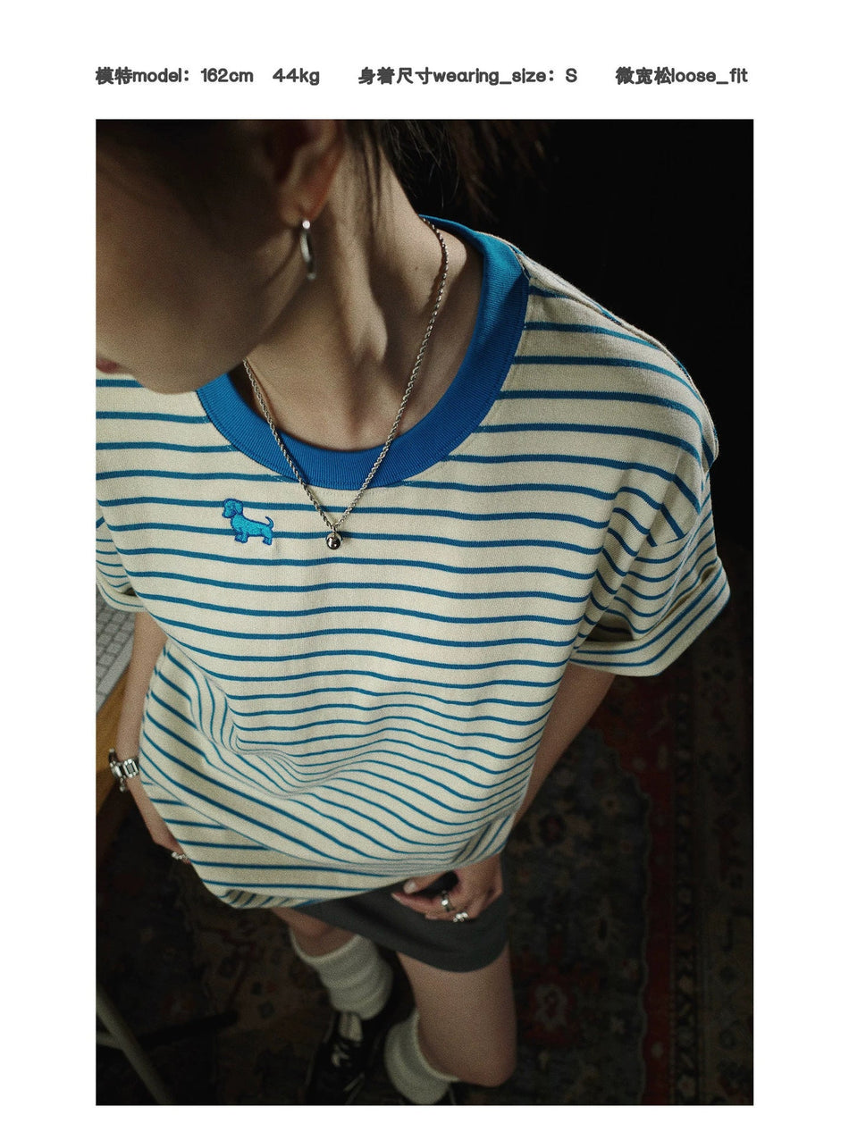 Women's Striped Dog Embroidered Loose Fit Short Sleeve T-Shirt