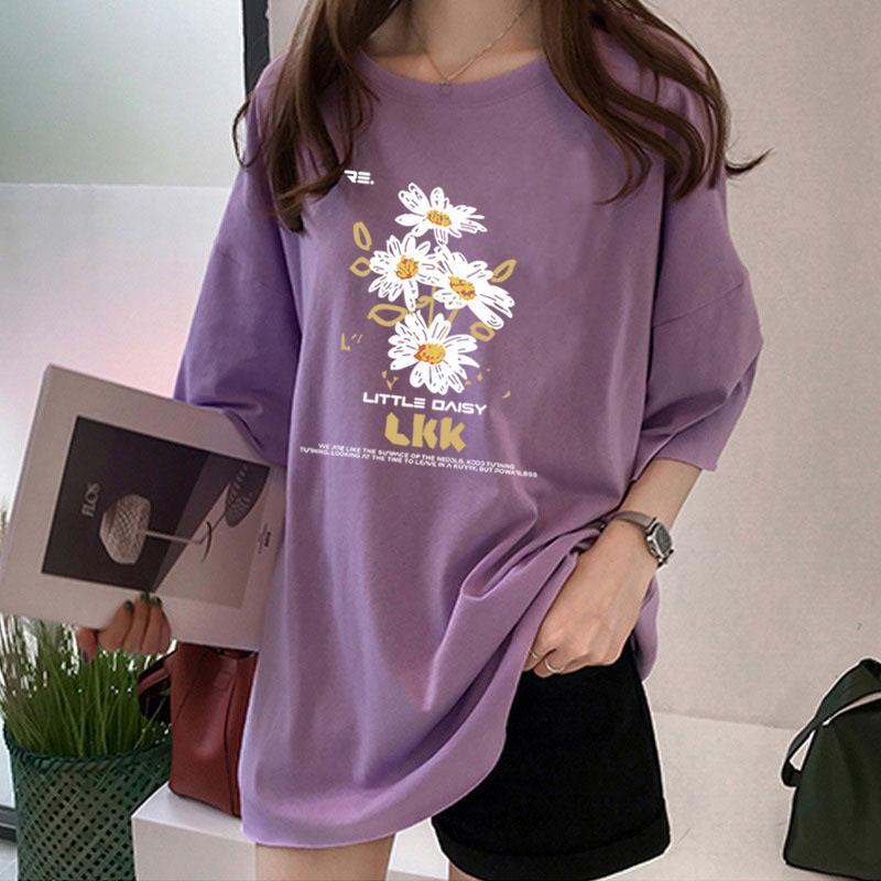Women's Daisy Print Loose Fit Crew Neck Short Sleeve T-Shirt