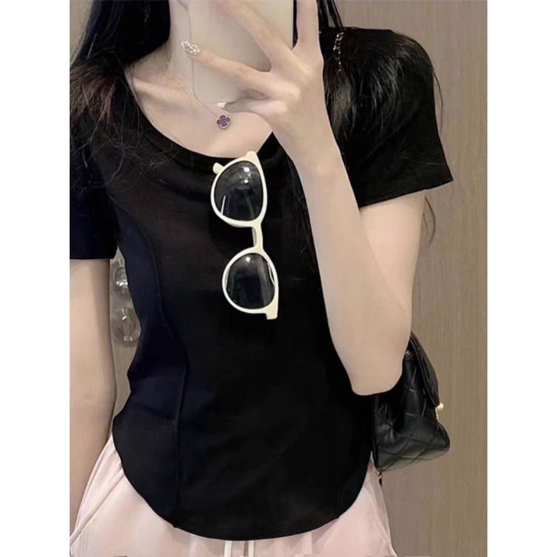 Women's Slim Fit Ribbed Short Sleeve Round Neck T-Shirt