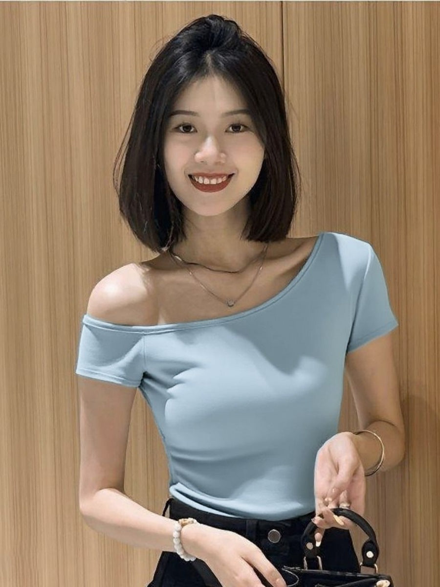 Women's Ice Silk Off Shoulder Slim Fit Short Sleeve T-Shirt