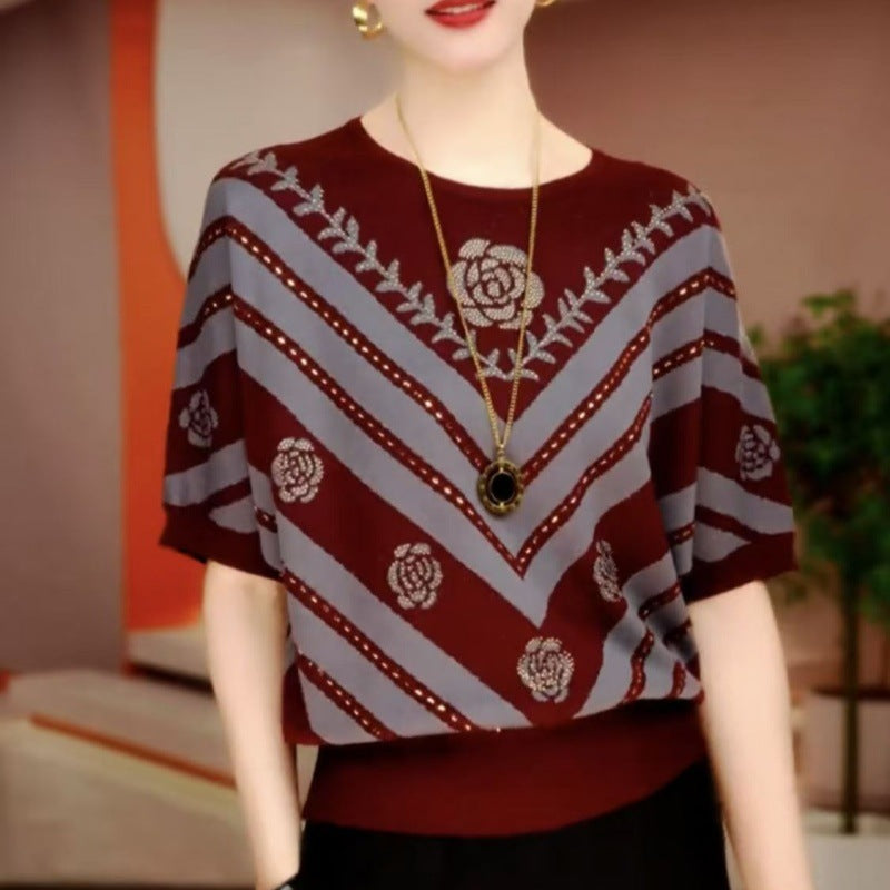 Women's Color Block Rhinestone Round Neck Mid Sleeve T-Shirt