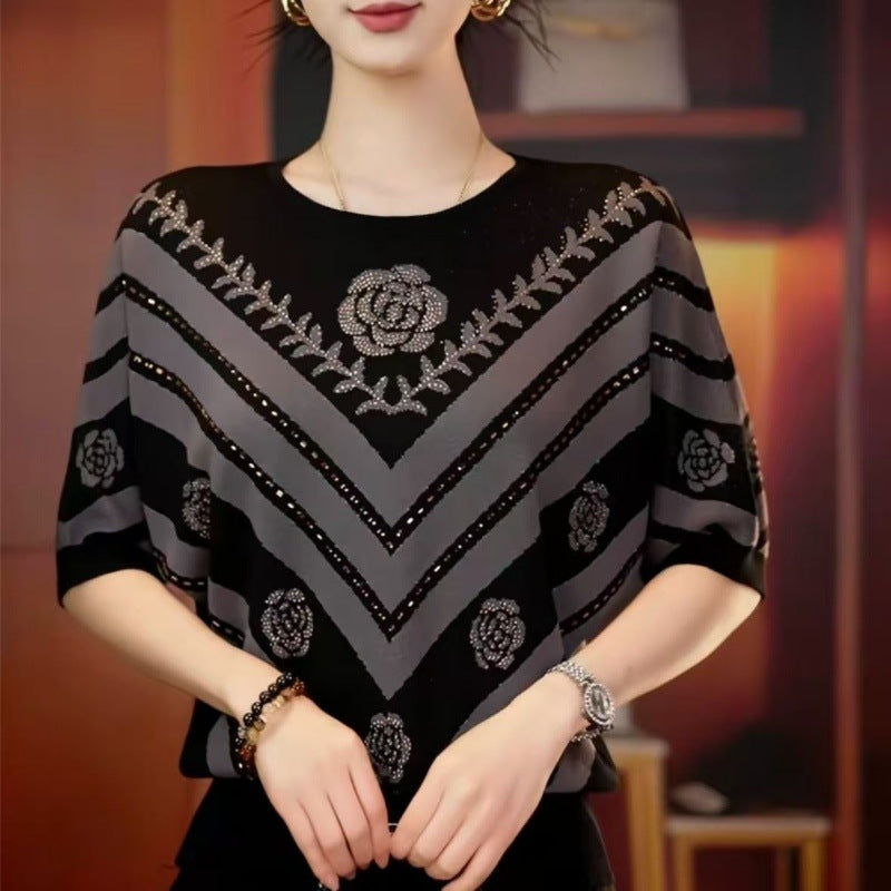 Women's Color Block Rhinestone Round Neck Mid Sleeve T-Shirt