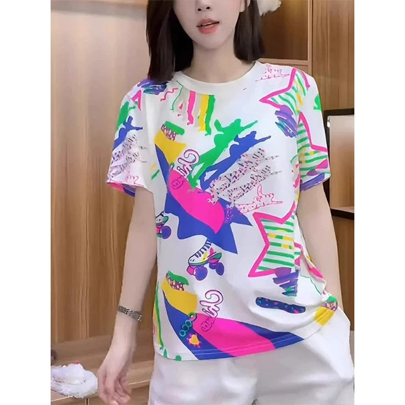 Women's Graffiti Print Relaxed Fit Round Neck Short Sleeve