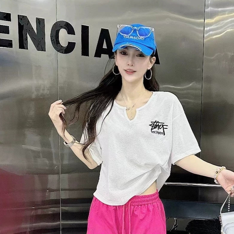 Women's V-Neck Short Sleeve Casual T-Shirt with Embroidered