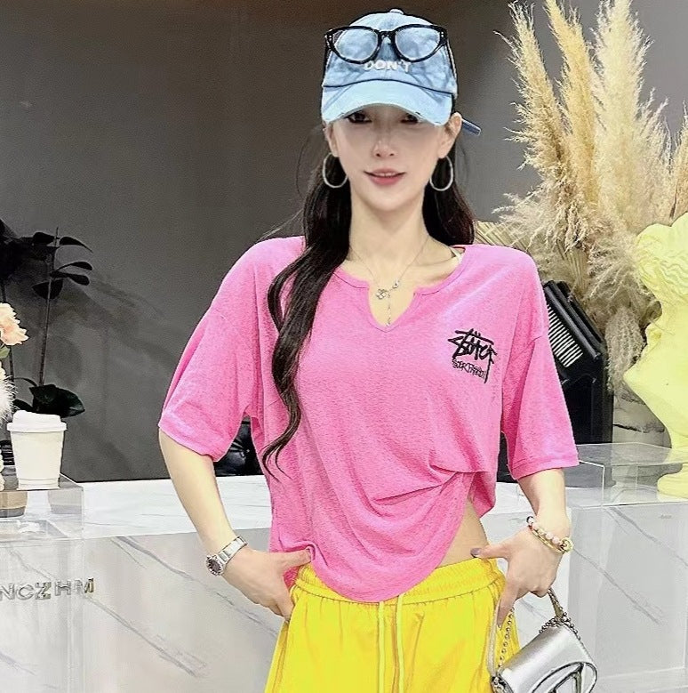 Women's V-Neck Short Sleeve Casual T-Shirt with Embroidered