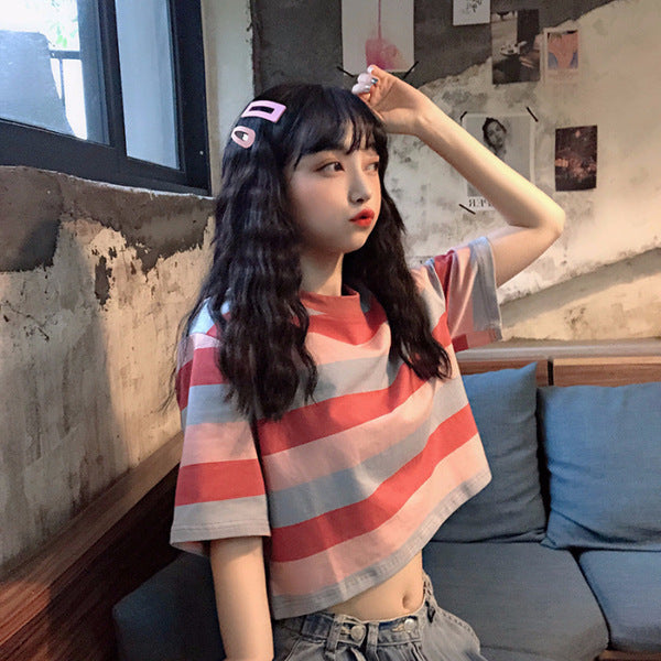 Women's Striped Cropped Loose Fit Crew Neck Short Sleeve T-Shirt