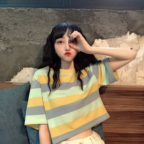 Women's Striped Cropped Loose Fit Crew Neck Short Sleeve T-Shirt