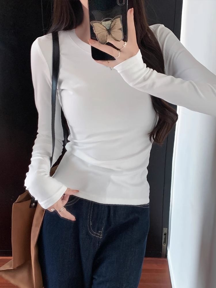 Women's Slim Fit Long Sleeve Cropped Round Neck T-Shirt