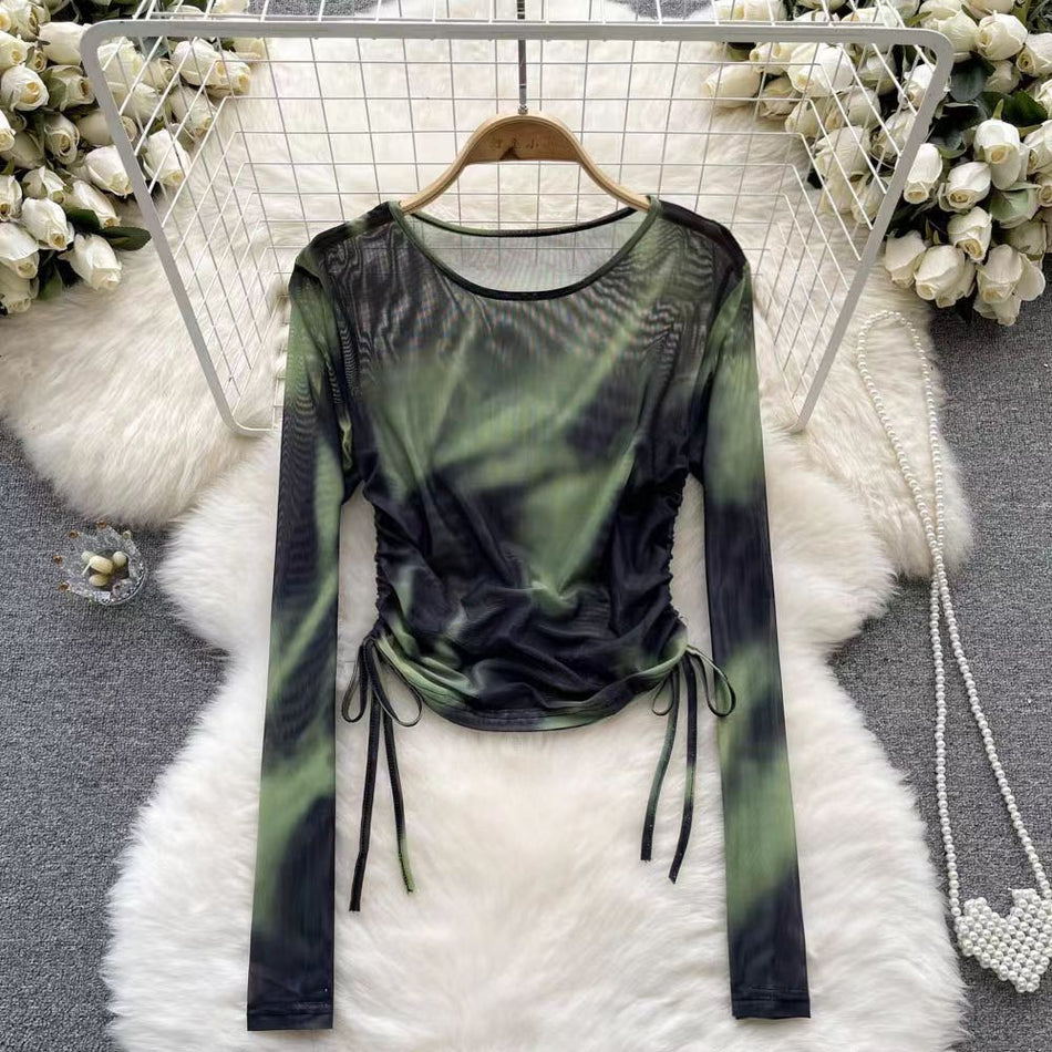 Women's Tie-Dye Mesh Long Sleeve Drawstring T-Shirt
