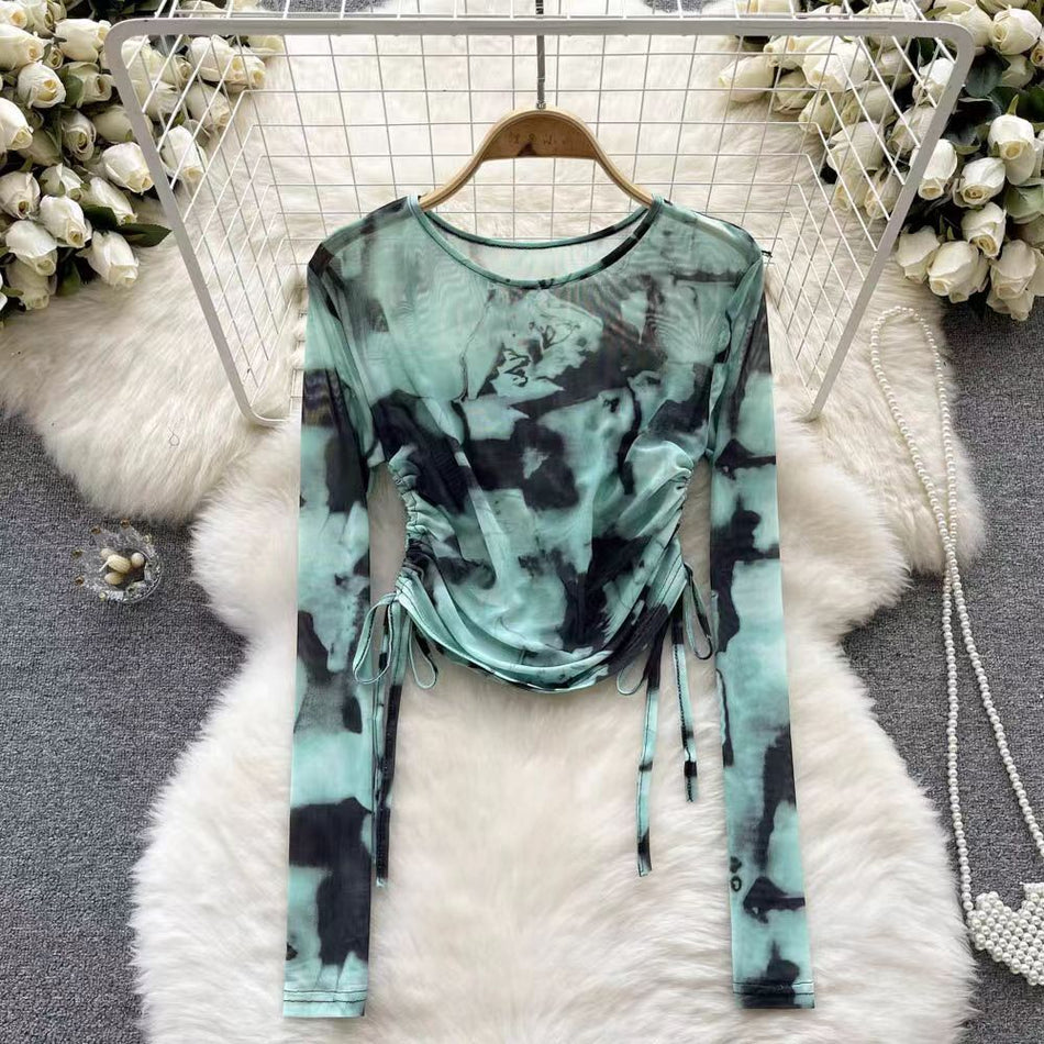 Women's Tie-Dye Mesh Long Sleeve Drawstring T-Shirt