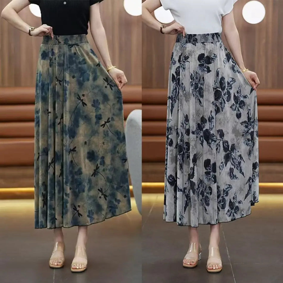 Women's High Waist Floral Pleated A-Line Midi Skirt