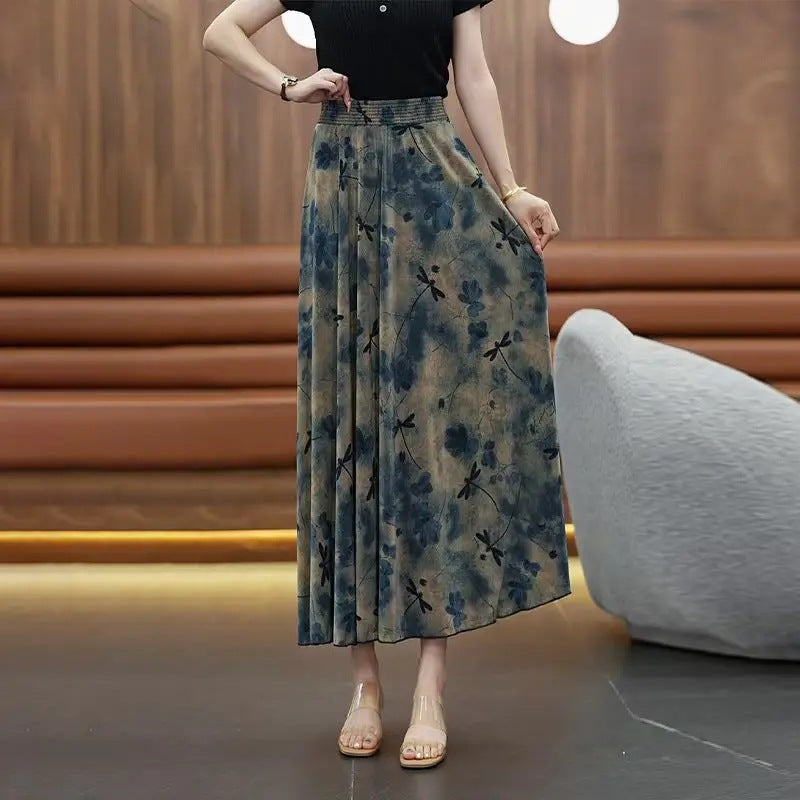 Women's High Waist Floral Pleated A-Line Midi Skirt