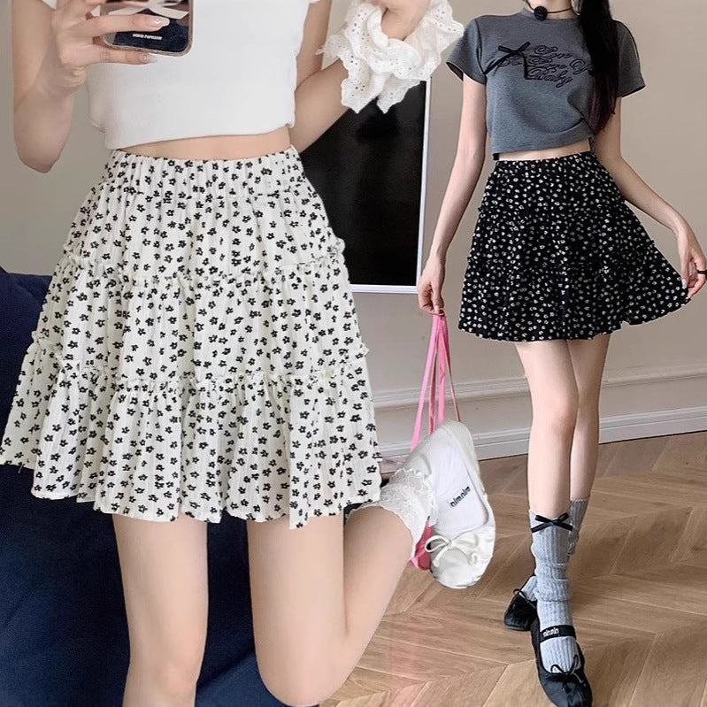 French Retro High Waist A-Line Floral Mini Skirt