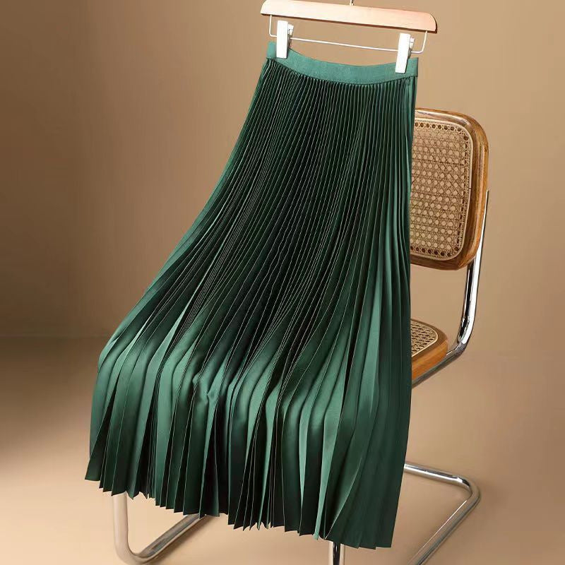 Satin Pleated High Waist Midi Skirt for Women