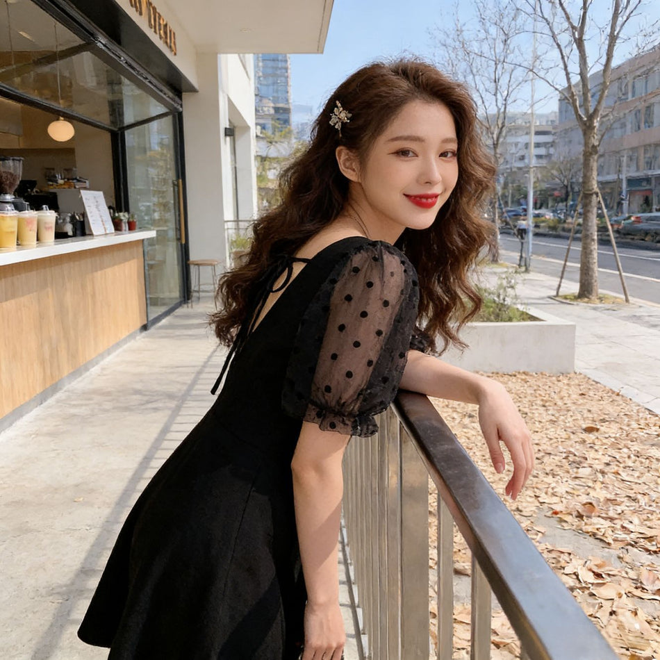 Retro Square Neck Puff Sleeve Midi Dress