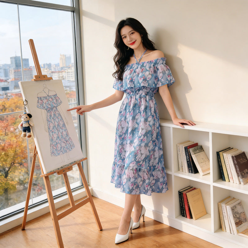 French Off Shoulder Floral Pleated Maxi Dress