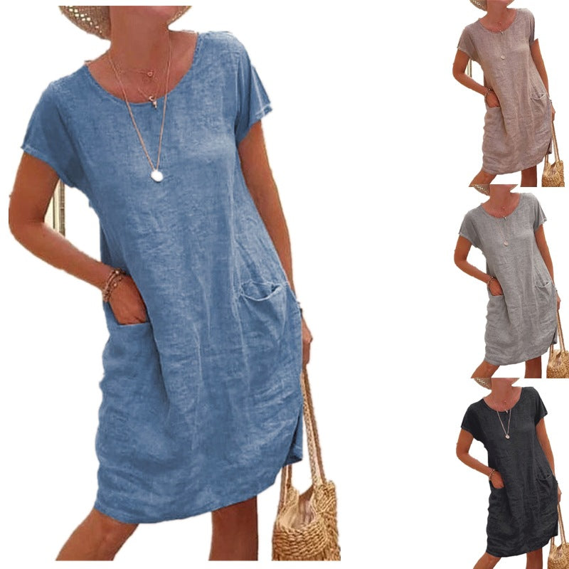 Cotton Linen A-Line Short Sleeve Midi Dress