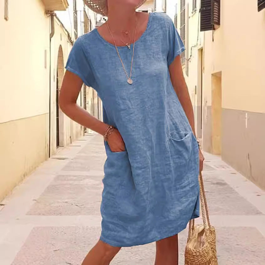 Cotton Linen A-Line Short Sleeve Midi Dress