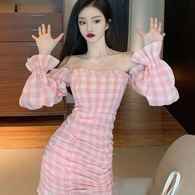 Plaid High Waist Off Shoulder A-Line Mini Dress