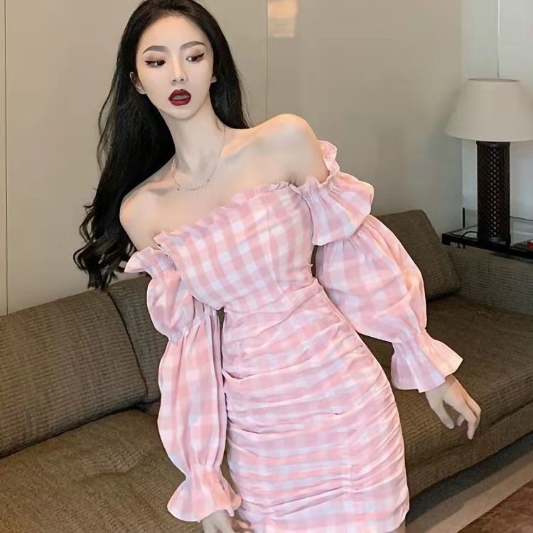 Plaid High Waist Off Shoulder A-Line Mini Dress