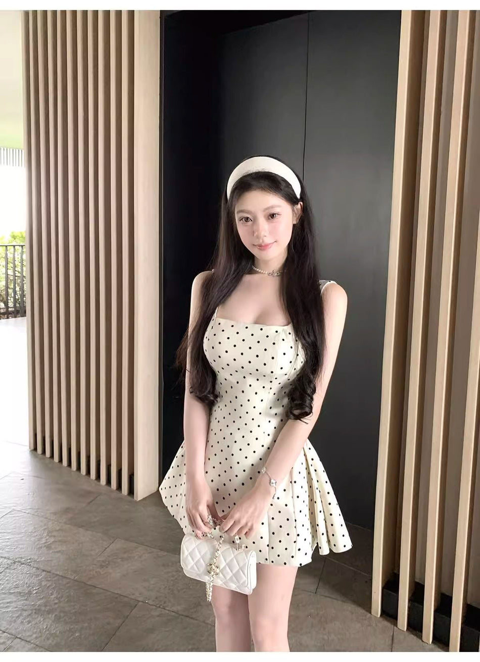 French Style Polka Dot Square Neck Midi Dress