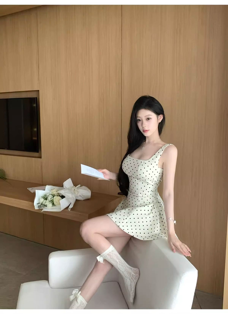 French Style Polka Dot Square Neck Midi Dress