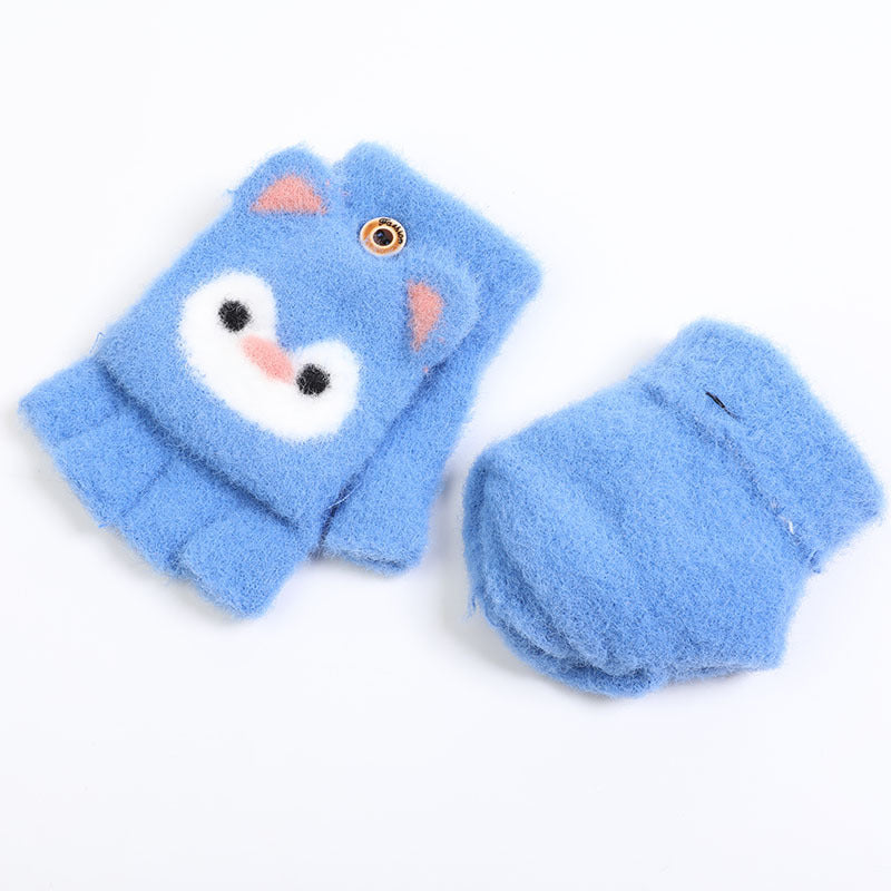 Kids Flip Half Finger Knitted Winter Plush Gloves