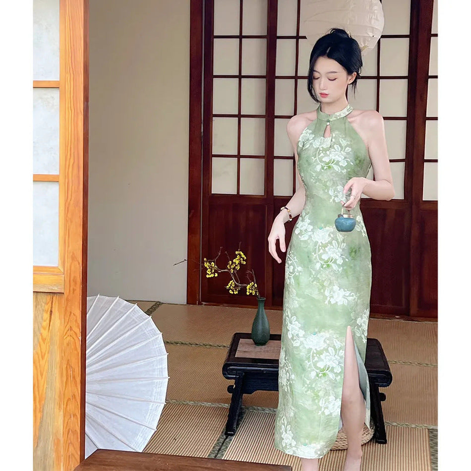 Elegant Floral Cheongsam Midi Dress for Women