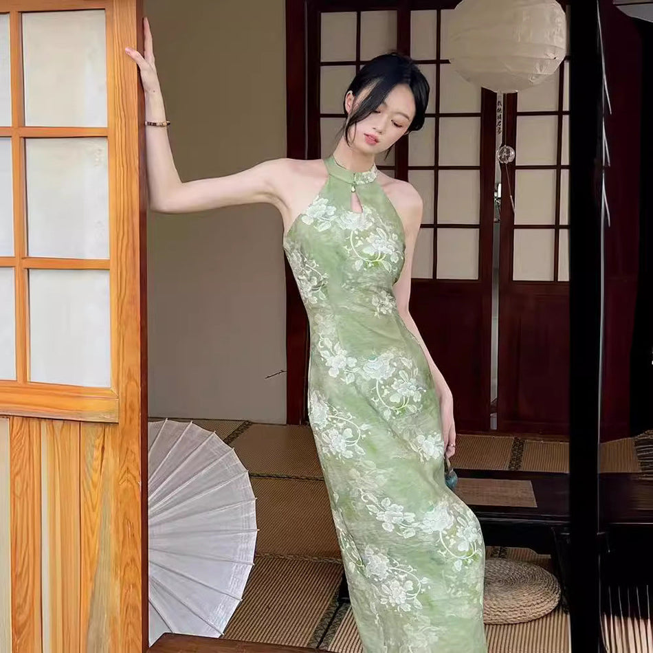 Elegant Floral Cheongsam Midi Dress for Women