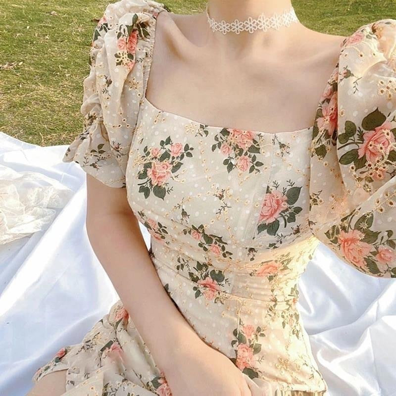 French Floral Square Neck Midi Dress for Women