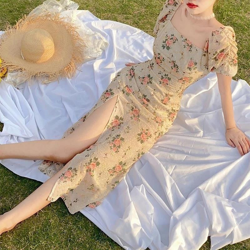 French Floral Square Neck Midi Dress for Women