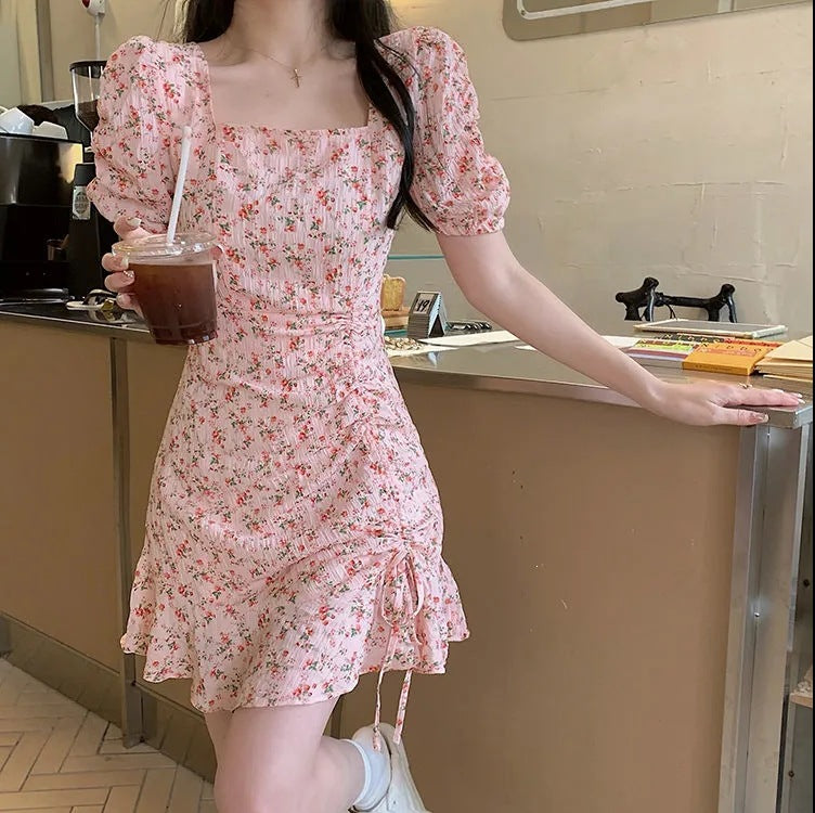 French Pink Floral Chiffon Midi Dress for Women