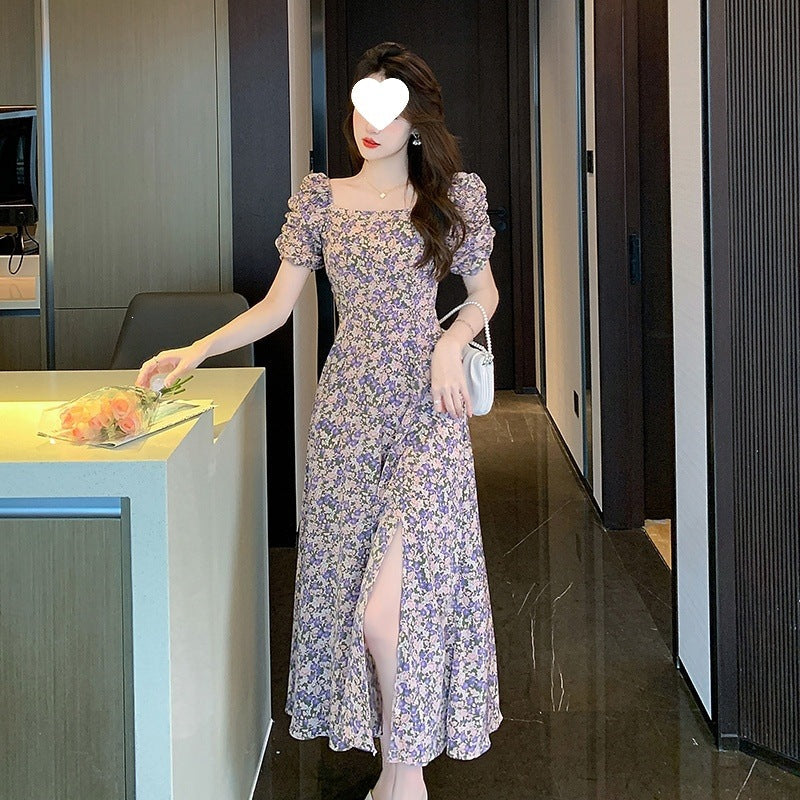 French Square Neck Floral Chiffon Maxi Dress