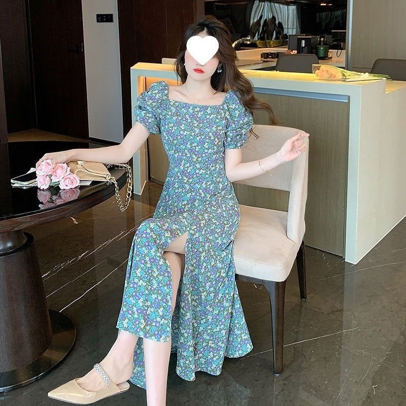 French Square Neck Floral Chiffon Maxi Dress