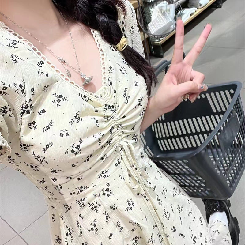 French Floral High Waist A-Line Midi Dress