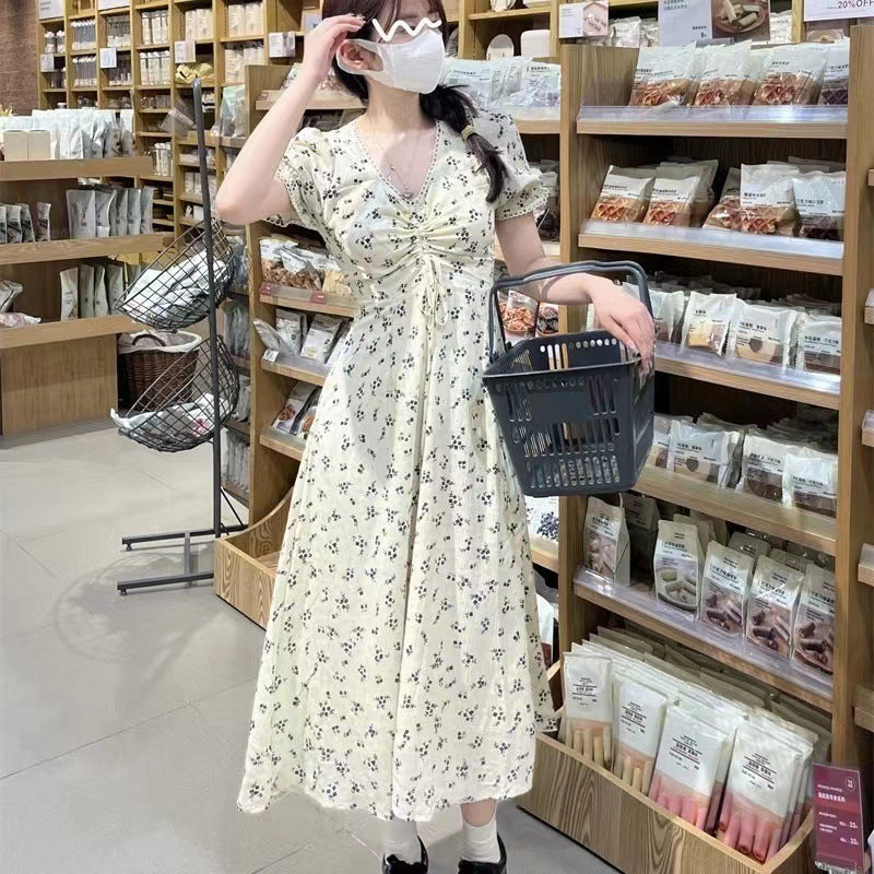 French Floral High Waist A-Line Midi Dress
