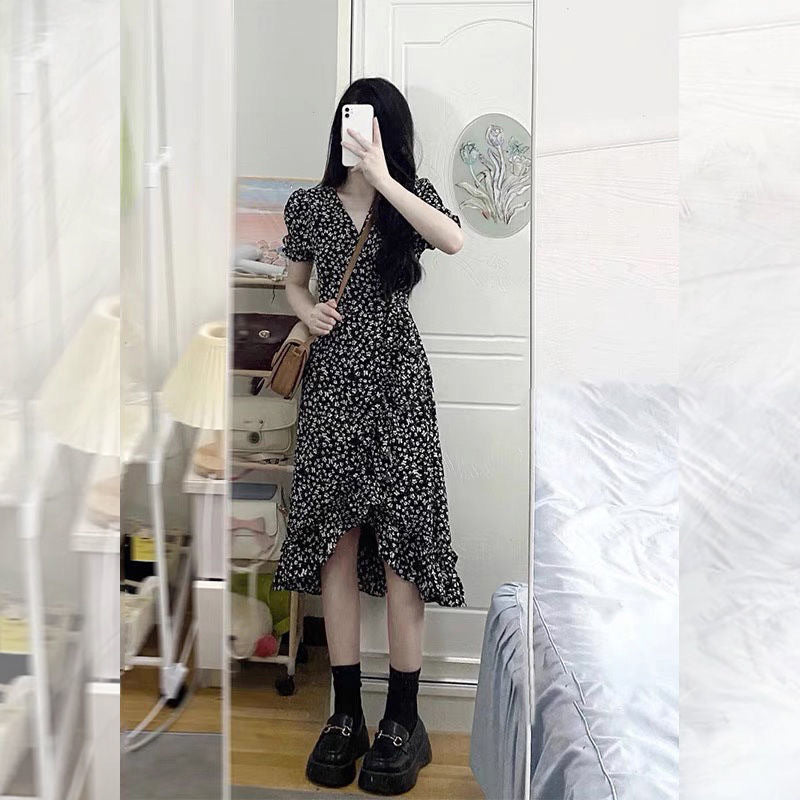 Hepburn Style V-Neck Floral Fishtail Midi Dress