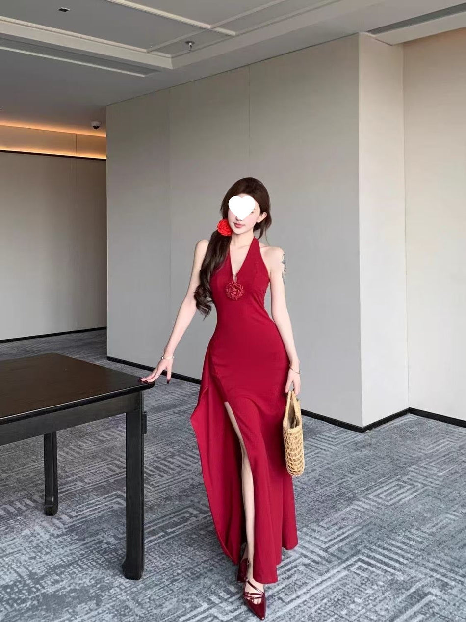 Halter Neck Floral Split Maxi Dress for Women