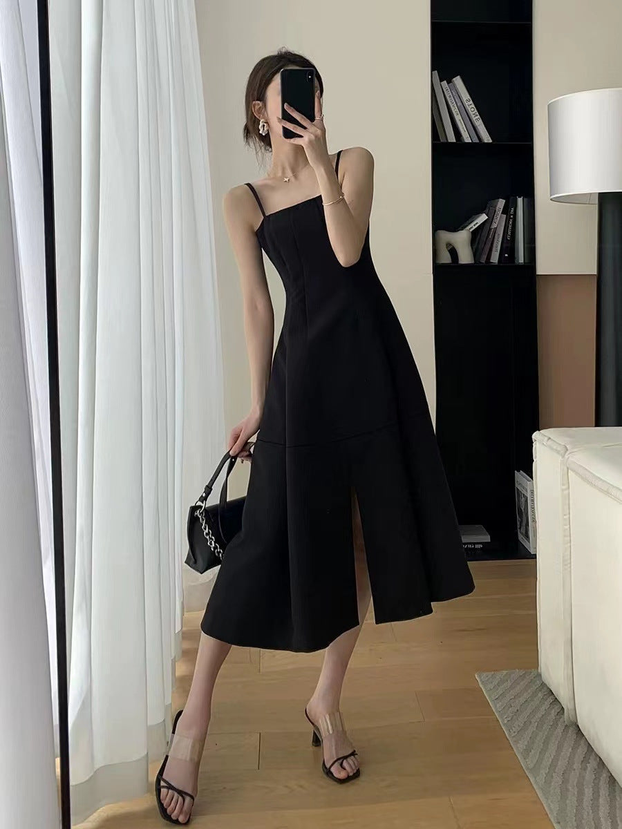 French Style High Waist Split Midi Sling Dress