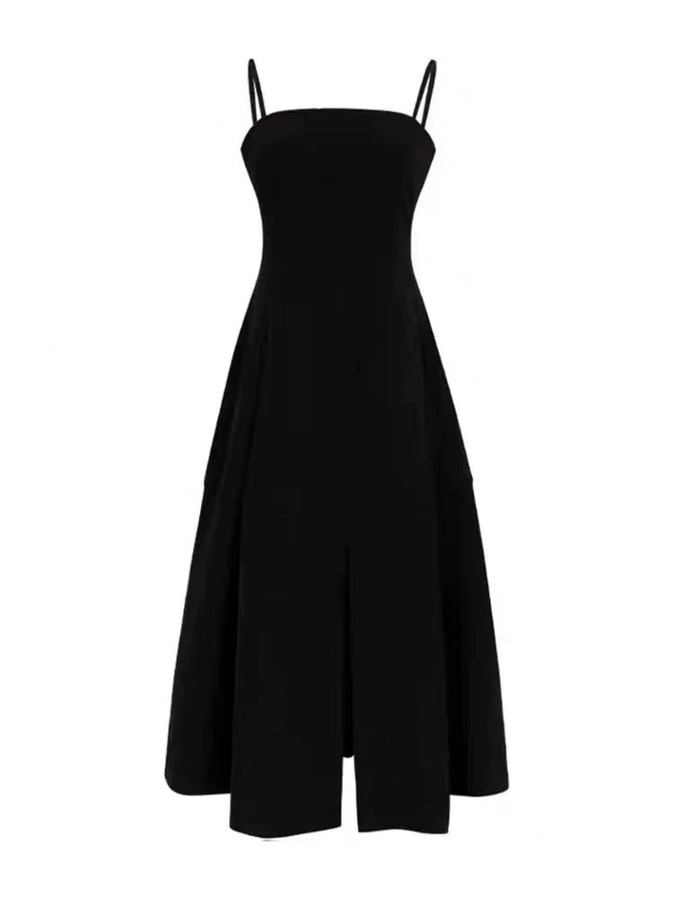 French Style High Waist Split Midi Sling Dress