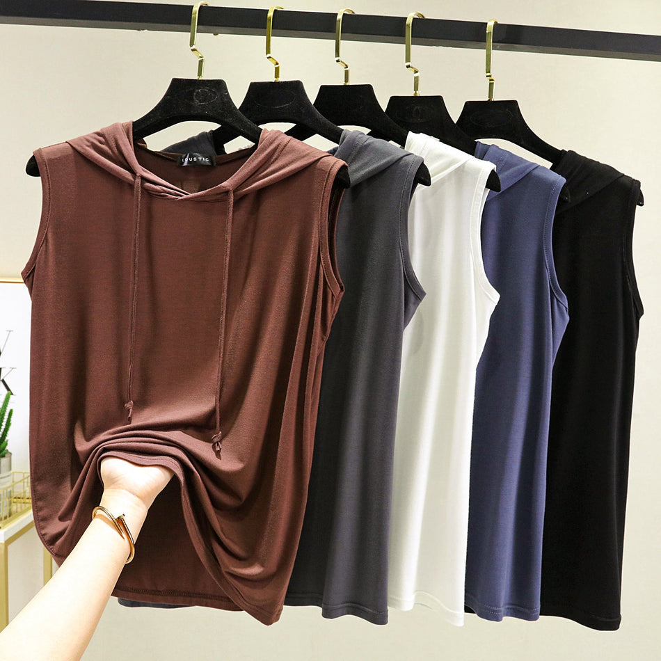 Women's Modal Hooded Sleeveless Loose Fit Tank Top