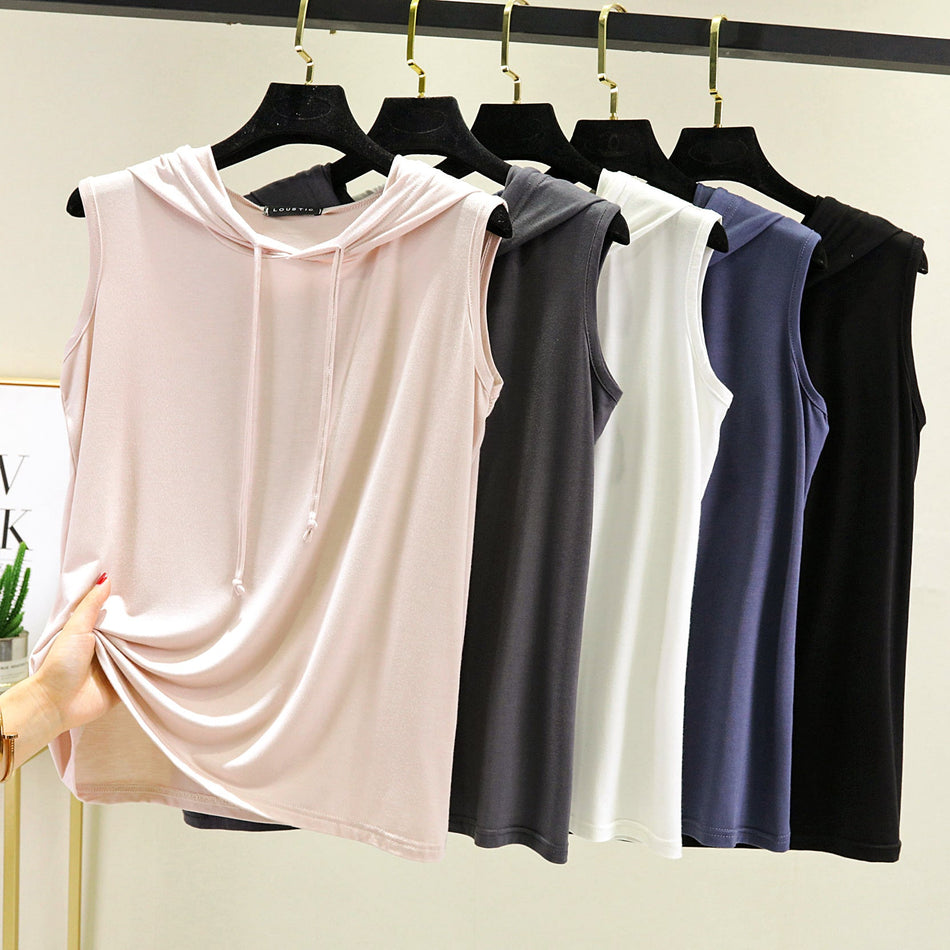 Women's Modal Hooded Sleeveless Loose Fit Tank Top